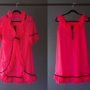 Vtg 60s 70s Baby Doll Pinup Boudoir Lingerie Set Women's Drag Hot Pink A line